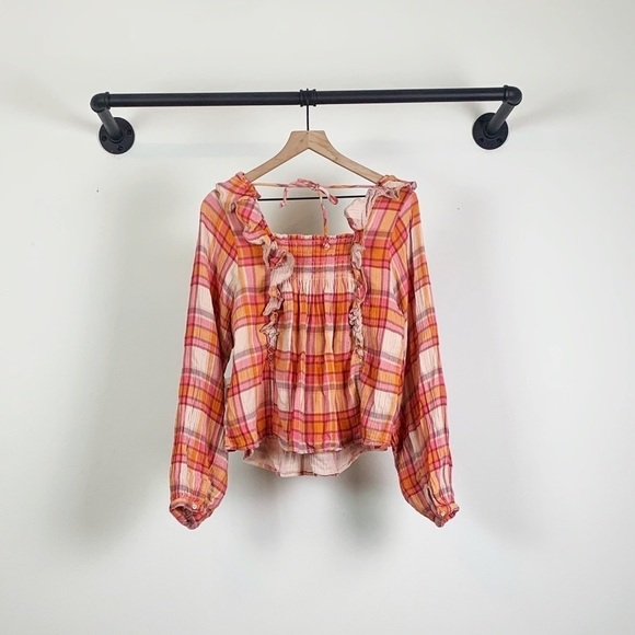 NWT Free People Siena Plaid Smocked Pullover Top In Pink/Orange - Picture 7 of 9